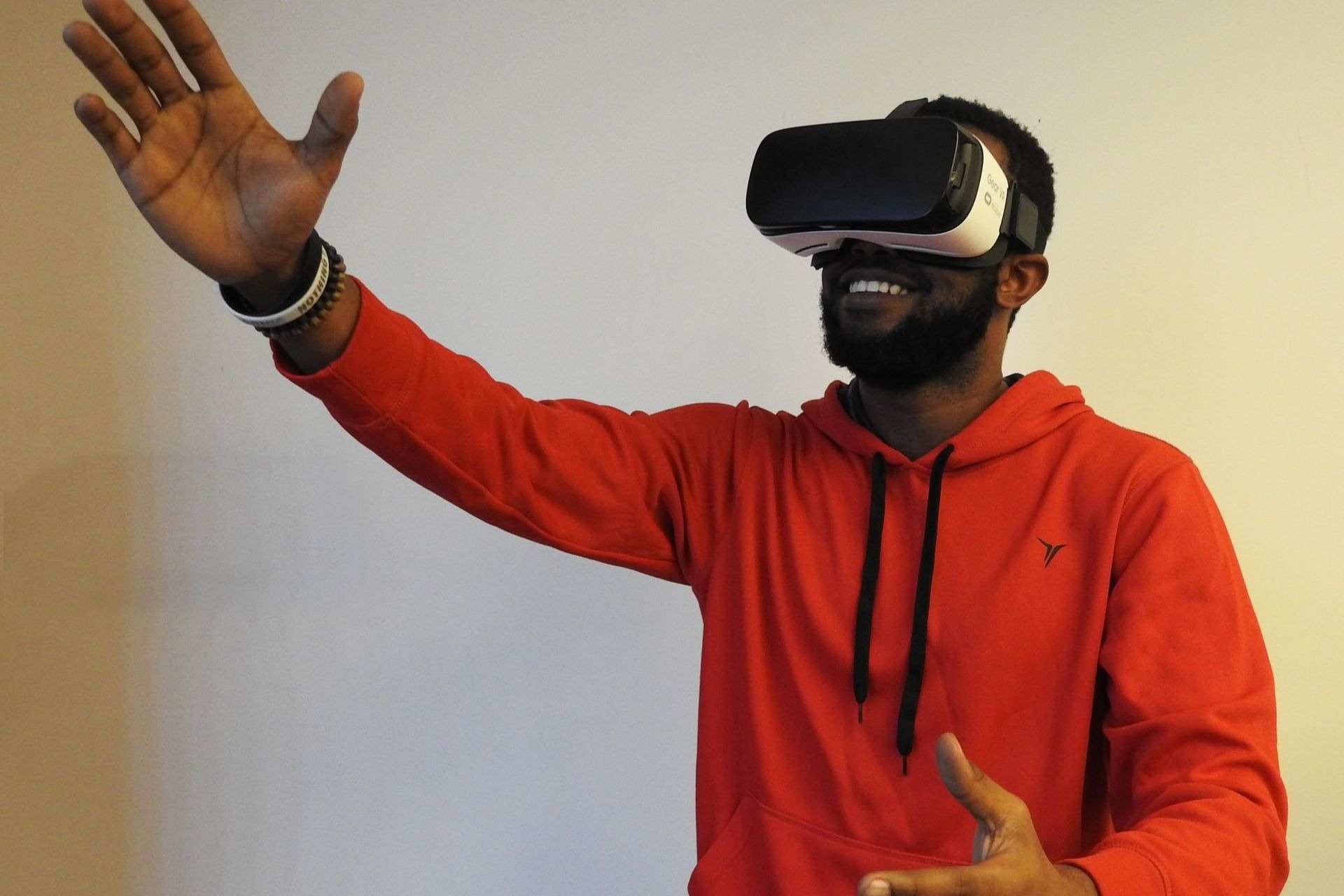 Student wearing virtual reality headset, to portray future focus